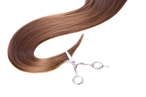 Hairdressers scissors and lock of hair — Stock Photo, Image