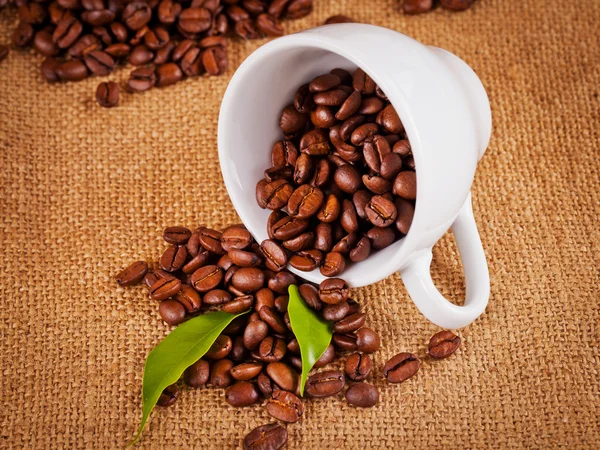 Kaffe kopp och arabica bönor på duk säck — Stockfoto