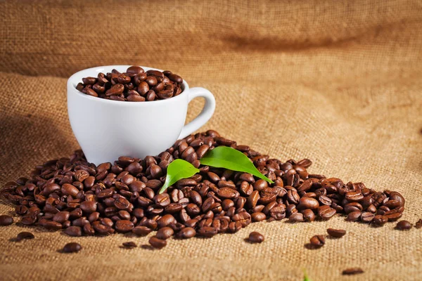 Kaffe kopp och arabica bönor på duk säck — Stockfoto