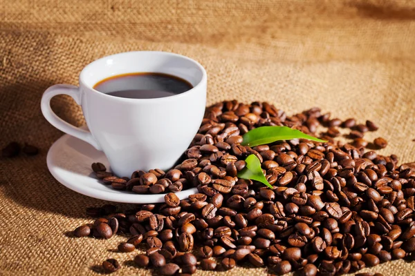 Kaffe kopp och arabica bönor på duk säck — Stockfoto
