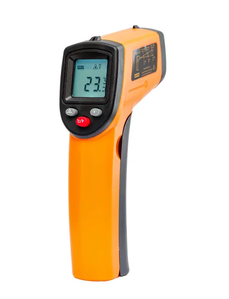 Pistola Termometro Infrarossi Giallo Utilizzata Misurare Temperatura Sfondo Bianco — Foto Stock