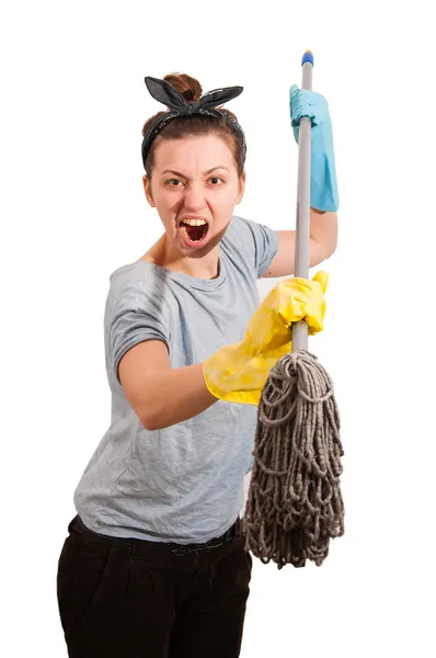 Angry girl with a mop — Stock Photo, Image