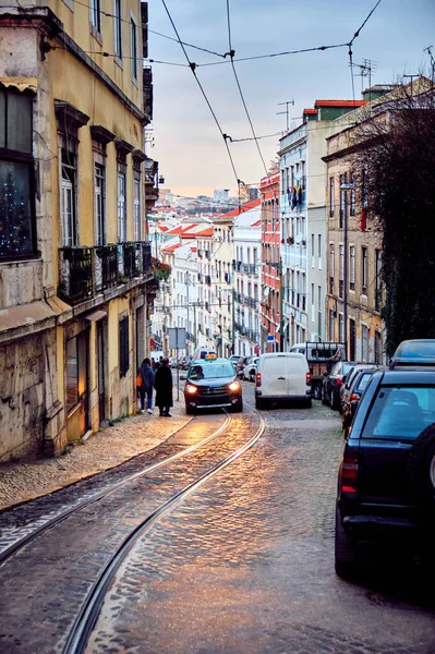 Lisbon Portugal Street Rails Pavers Old District City City Landscape — Stock fotografie