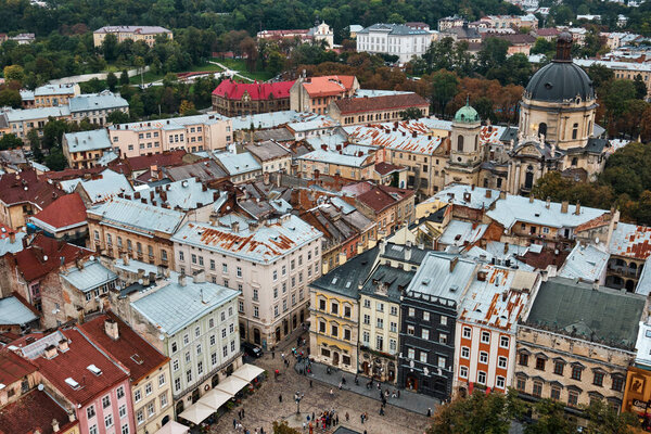 View from the town hall to the old town. Lviv, Ukraine.