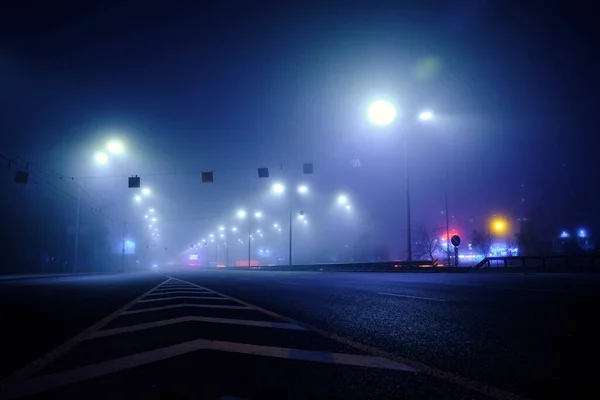 City Landscape Empty Highway Night Fog Kyiv Ukraine — Stok fotoğraf