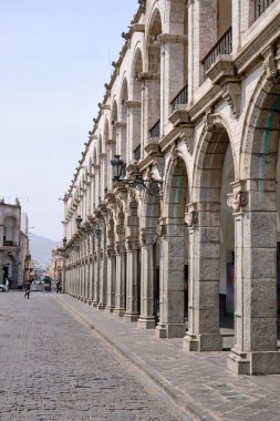 The architecture of the main square of the city. The Plaza de Armas in Arequipa, Peru.