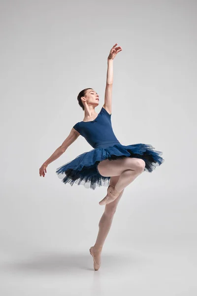 Beautiful slender ballerina in a ballet tutu posing in the studio.