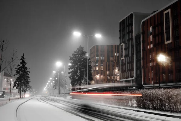 Cityscape Night Road Snow Residential Area — стоковое фото