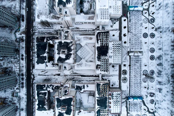 Aerial photography. Top view of buildings in the style of Soviet modernism. Kyiv, Ukraine.