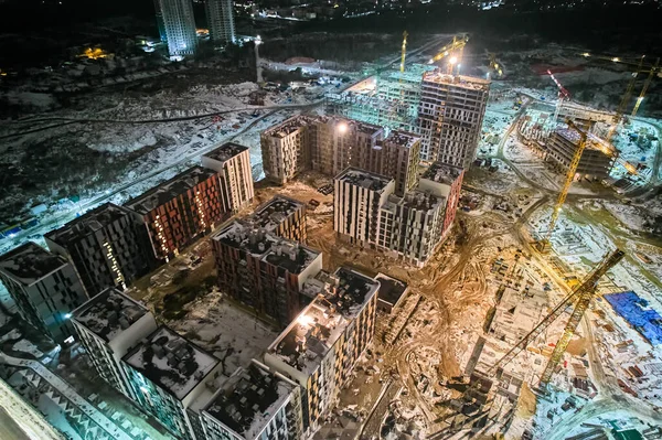 Будівництво Нових Сучасних Районів Місті Вночі Взимку Аерофотографія — стокове фото