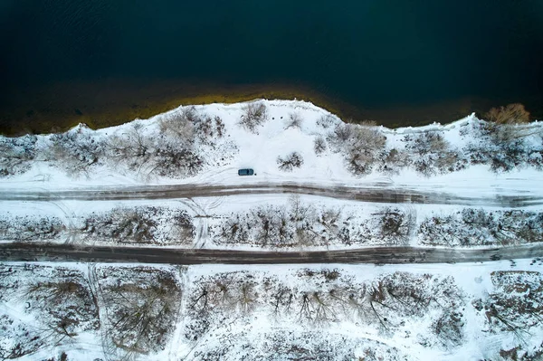 View Dirt Road Dnieper River Winter Aerial Photography — стокове фото