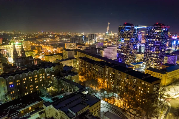 Night Cityscape View City Center Kyiv Ukraine Aerial Photography — Zdjęcie stockowe
