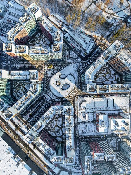 Aerial photography of new residential buildings in Kyiv.