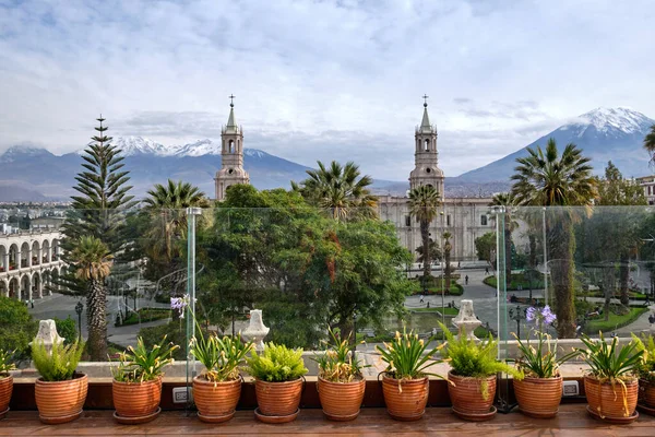 Beautiful Main Square City Ancient Architecture Views Andes Arequipa Peru 스톡 사진