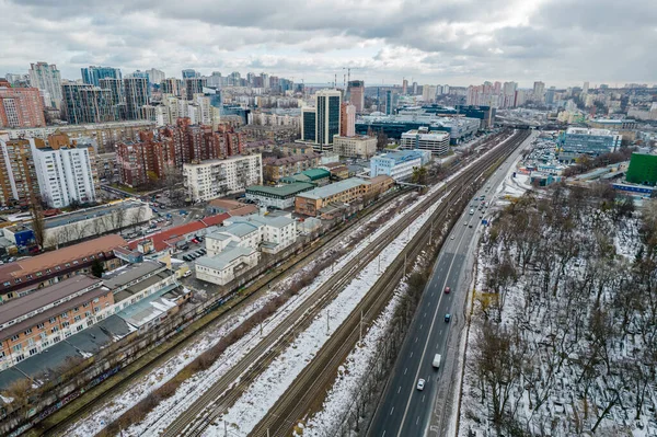 Railway tracks in the city. City landscape in Kyiv, Ukraine.