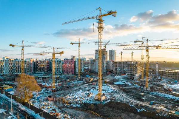 Cranes Construction Site Build New Residential Buildings Industrial Landscape Fotos De Bancos De Imagens
