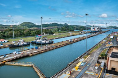 Panama City, Republic of Panama - January 16, 2022: The ship passes the Panama Canal.