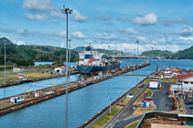 Panama City, Republic of Panama - January 16, 2022: The ship passes the Panama Canal.