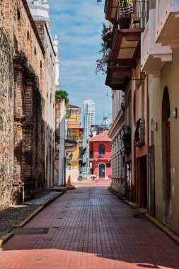 Narrow streets in the old swarm of Panama City. City vertical landscape.