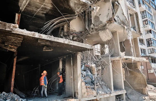 KYIV, UKRAINE - May 06, 2022: Russia-Ukraine War.Consequences of a Russian rocket hitting an apartment building in the capital.