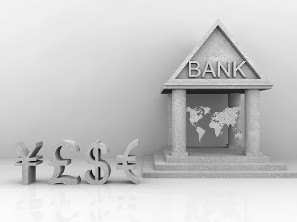 Ilustração da banca em todo o mundo com moeda comercial — Fotografia de Stock