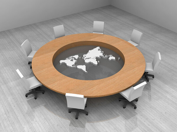 иллюстрация конференц-зала с круглым столом и картой мира
