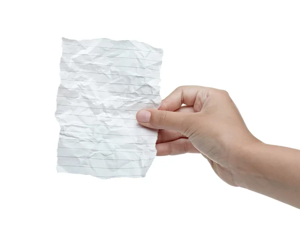 Hand holding blank crumpled message note — Stock Photo, Image