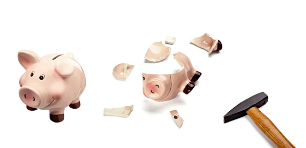 Piggy bank money savings finance broken hammer — Stock Photo, Image