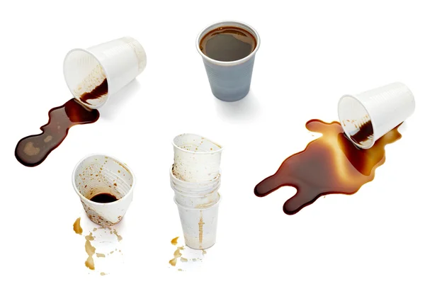 Plastmugg kaffe dring dryck mat Office spillde stökigt — Stockfoto