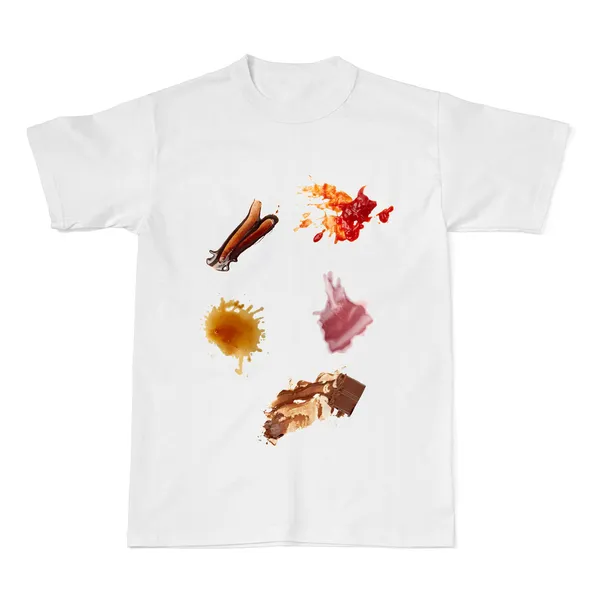 Ketchup chocolate coffee wine food stains on a t shirt — Stock Photo, Image