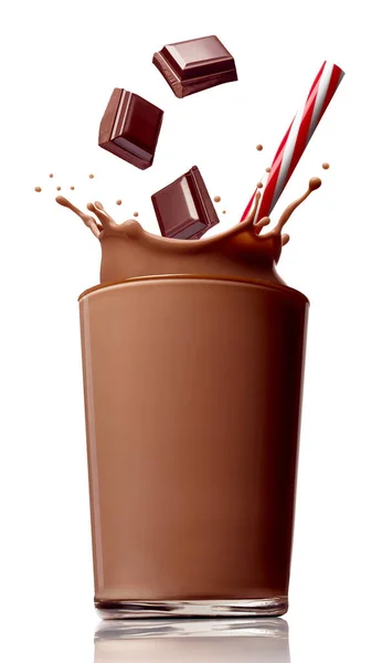 Choklad mjölk dryck stänk glas halm — Stockfoto