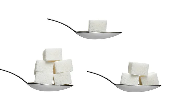 Zuckerwürfel und Löffel süßer Süßstoff — Stockfoto