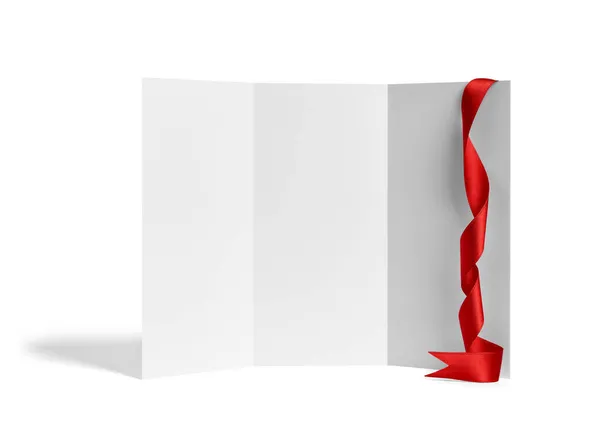 Folleto doblado rojo cinta arco papel plantilla libro calendario de escritorio —  Fotos de Stock