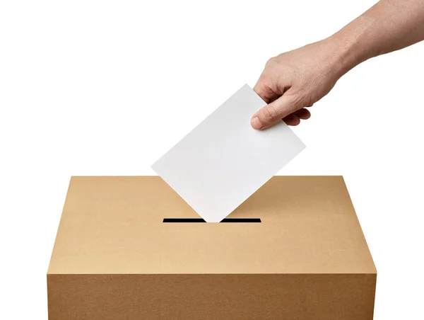 Ballot box casting vote election referendum politics elect man female democracy hand voter political — Stock Photo, Image