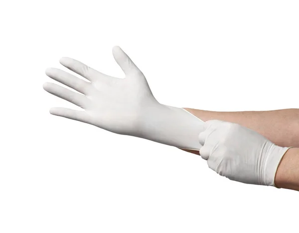 Lateksowa rękawica ochronna wirus korony korona choroba koronawirusowa epidemia higiena zdrowia ręka — Zdjęcie stockowe