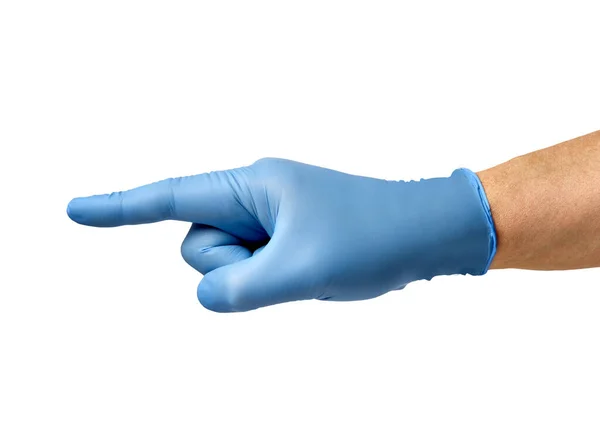 Latexová rukavice ruka ukazující prstem ochranný virus korona nemoc epidemie zdravotní hygiena — Stock fotografie