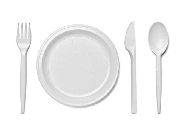 Plast bestick sked gaffel kniv redskap återvinning engångstallrik servering skålen tom, — Stockfoto