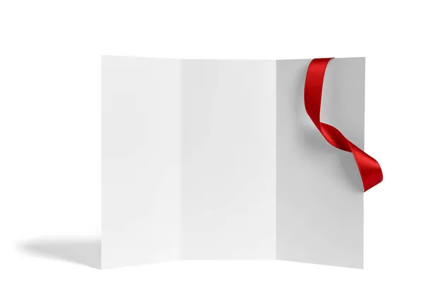 Folleto doblado rojo cinta arco papel plantilla libro calendario de escritorio —  Fotos de Stock