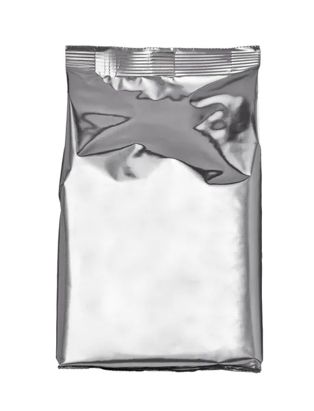 Bianco argento alluminio sacchetto di carta pacchetto cibo modello scatola sfondo — Foto Stock