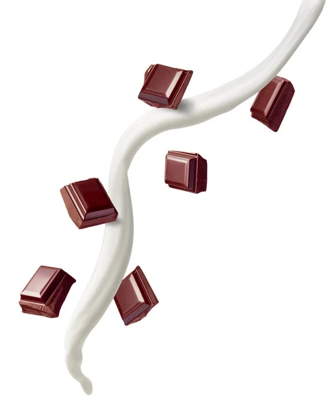 Čokoládové kousky mléka stříkání tok — Stock fotografie
