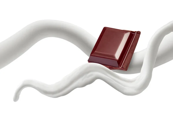 Chocolate piece milk splash flow — Stock Photo, Image