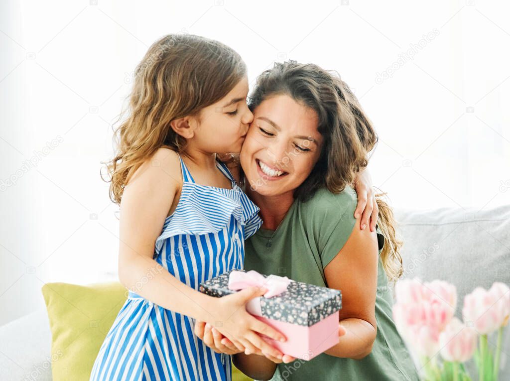 gift woman daughter happy love happiness present surprise mother day together box child family