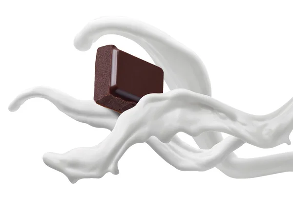 Chocolate piece milk splash flow — Stock Photo, Image
