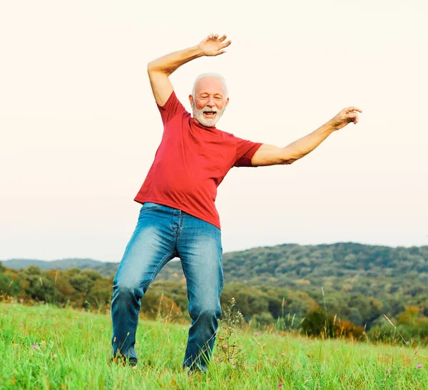 Férfi szabadtéri idős boldog életmód nyugdíj tánc természet érett aktív idős vitaliti edzés gyakorlat nyújtás fitness Stock Kép