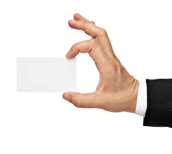 Nota tarjeta de papel signo en blanco mano sosteniendo traje de hombre de negocios —  Fotos de Stock