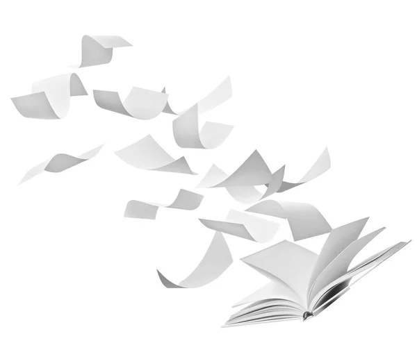 close up of flying papers and an open book on white background