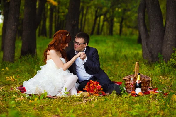 Kızıl saçlı gelin ve damat, yeşil kutusunda bir picn oturan, düğün — Stok fotoğraf