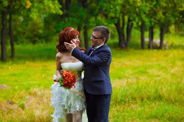 Novia y novio en el paseo de la boda en el bosque, un hombre endereza el cabello —  Fotos de Stock