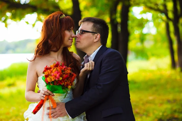 Bride and groom standing in a green forest at the wedding, a man — Stock Photo, Image