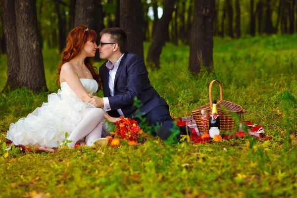 Couple bride and groom sitting on the green grass, a picnic in w — Stock Photo, Image